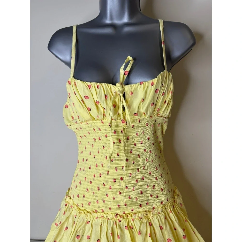 Free People Lavender Daze Smocked Midi Dress Yellow Strawberry Lemon Combo Size
